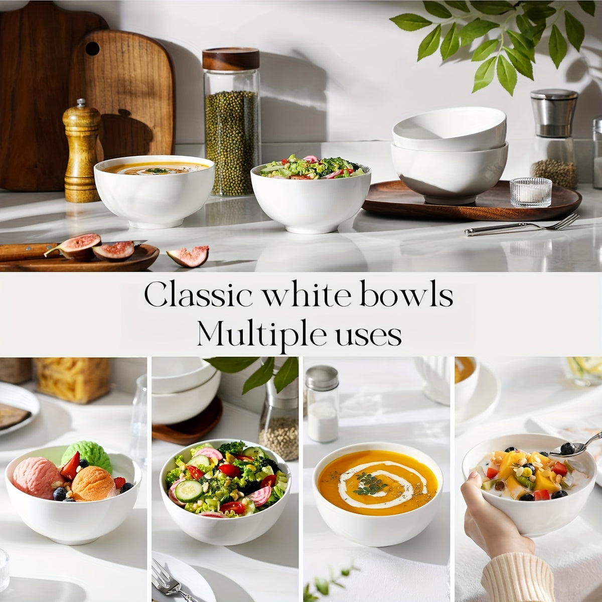White Ceramic Bowl Set 22oz – Soup, Cereal, Ramen, Oatmeal, Salad & Rice Bowls for Kitchen | 4 or 6 Piece Set | Dishwasher & Microwave Safe