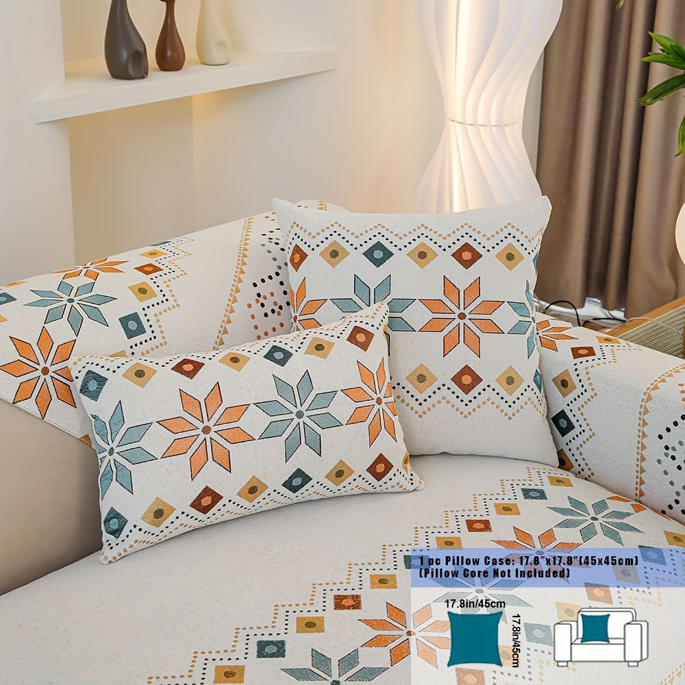 Embroidered Chenille Sofa Slipcover Bohemian Geometric Floral Pattern | Non-Slip Machine Washable Couch Cover for 1-2-3-4 Seater with Armrest & Pillow Cover Options, 6 Colors