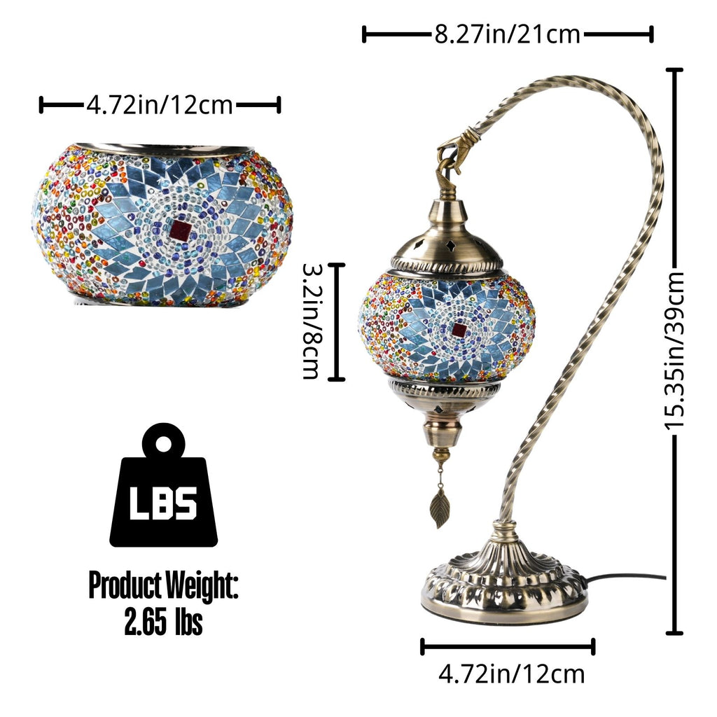 Turkish Mosaic Table Lamp Moroccan Style Handmade Swan Neck Mosaic Glass Bedside Lamp with Metal Base - 3 Color Modes Dimmable LED Bulb Included - Bedroom Living Room Decor Gift