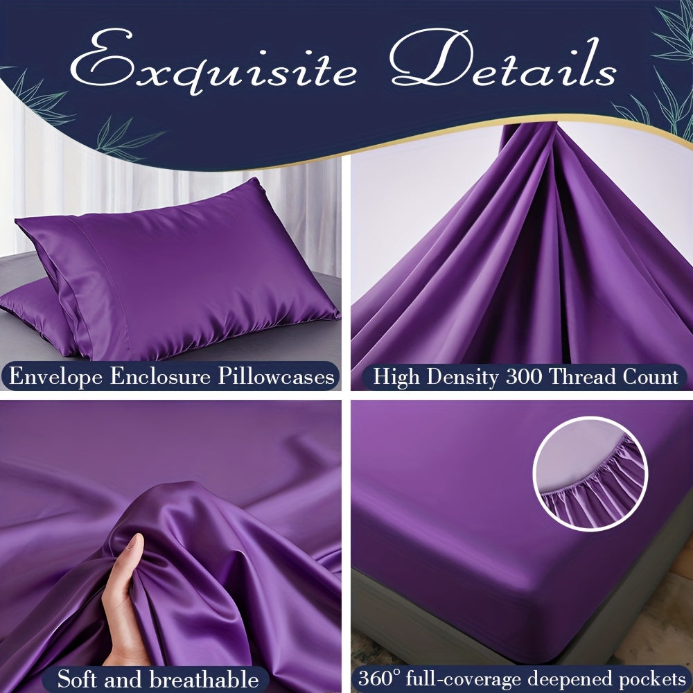 Bamboo Cooling Bed Sheet Set 4 Pcs - 2300TC Ultra Soft Breathable Deep Pocket Fitted Sheet Flat Sheet Pillowcases, Shrink Resistant All Season Bedding for Twin Full Queen King