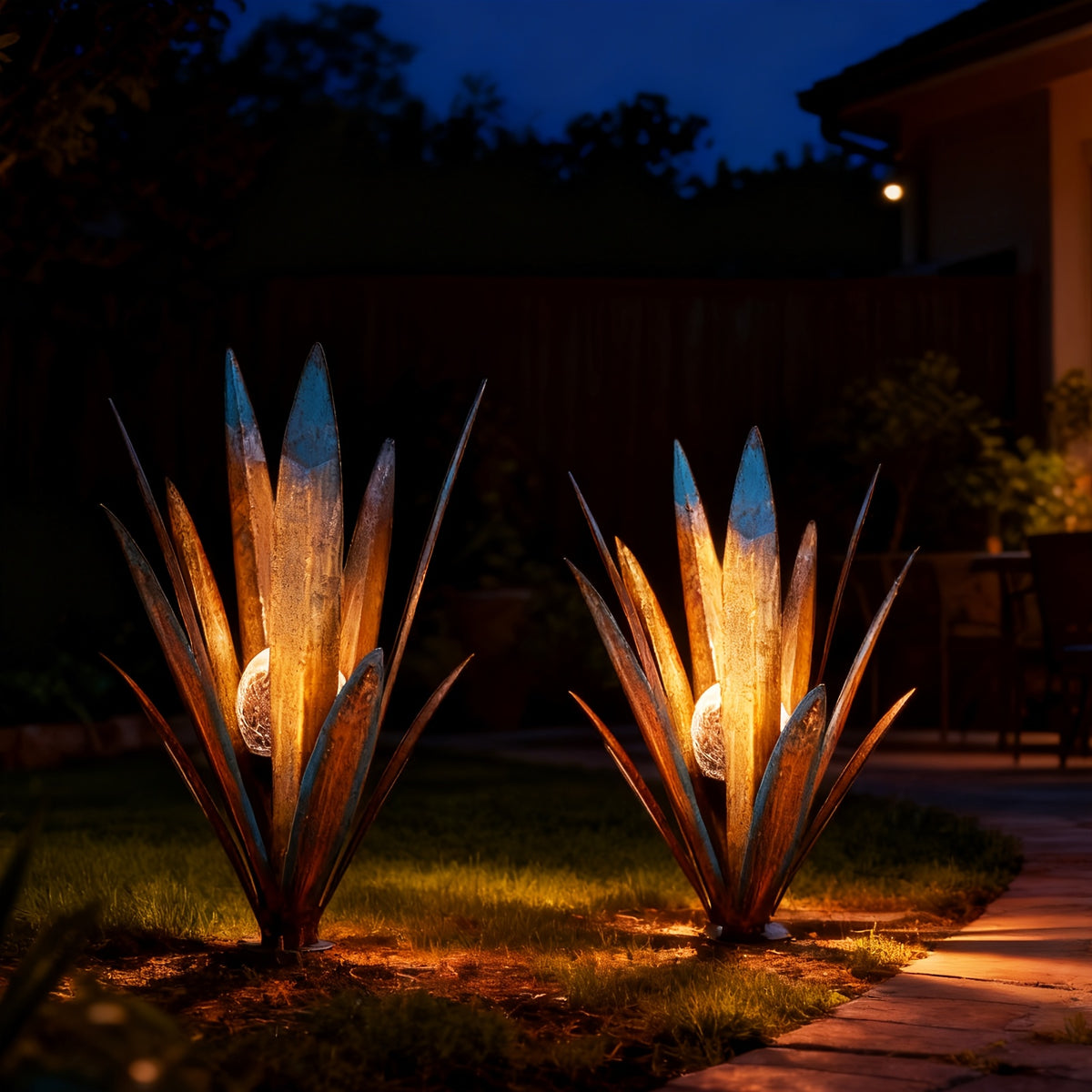 Metal Agave Solar Garden Lights Set of 2 (Large & Small) – Auto Dusk-to-Dawn Outdoor Stake Lights for Lawn, Courtyard, Garden & Patio Decor, 8 Color Options