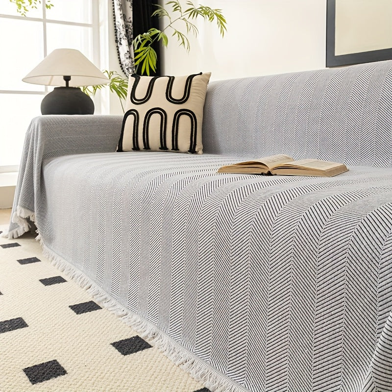 Herringbone Sofa Cover with Tassels – Washable Polyester Throw for 3-Seater, 4-Seater & Large Sofas | Grey, Coffee, Green