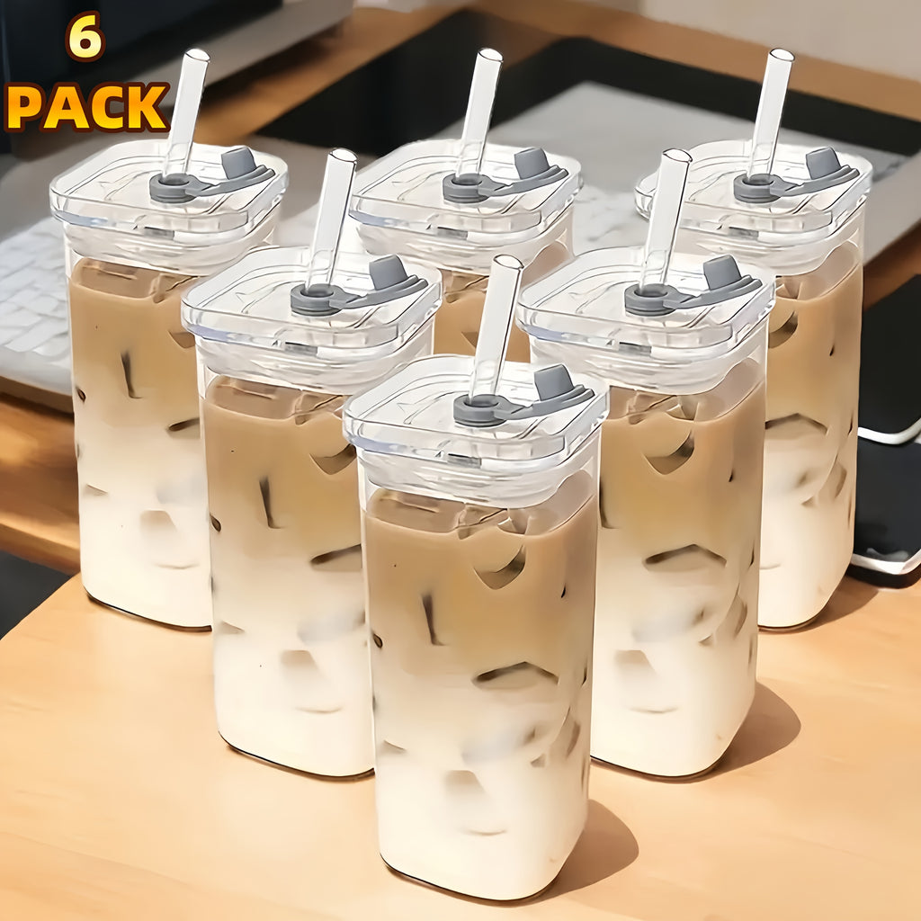Square Glass Cups with Lids and Straws Set of 6 | Portable Iced Coffee Cups for Office Party Home School Outdoor