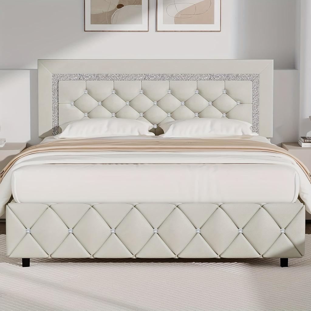 Upholstered Bed Frame with Diamond Tufted Headboard & Footboard – Faux Leather, Wooden Slats, No Box Spring Needed | Twin Full Queen King