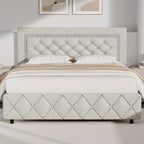 Upholstered Bed Frame with Diamond Tufted Headboard & Footboard – Faux Leather, Wooden Slats, No Box Spring Needed | Twin Full Queen King