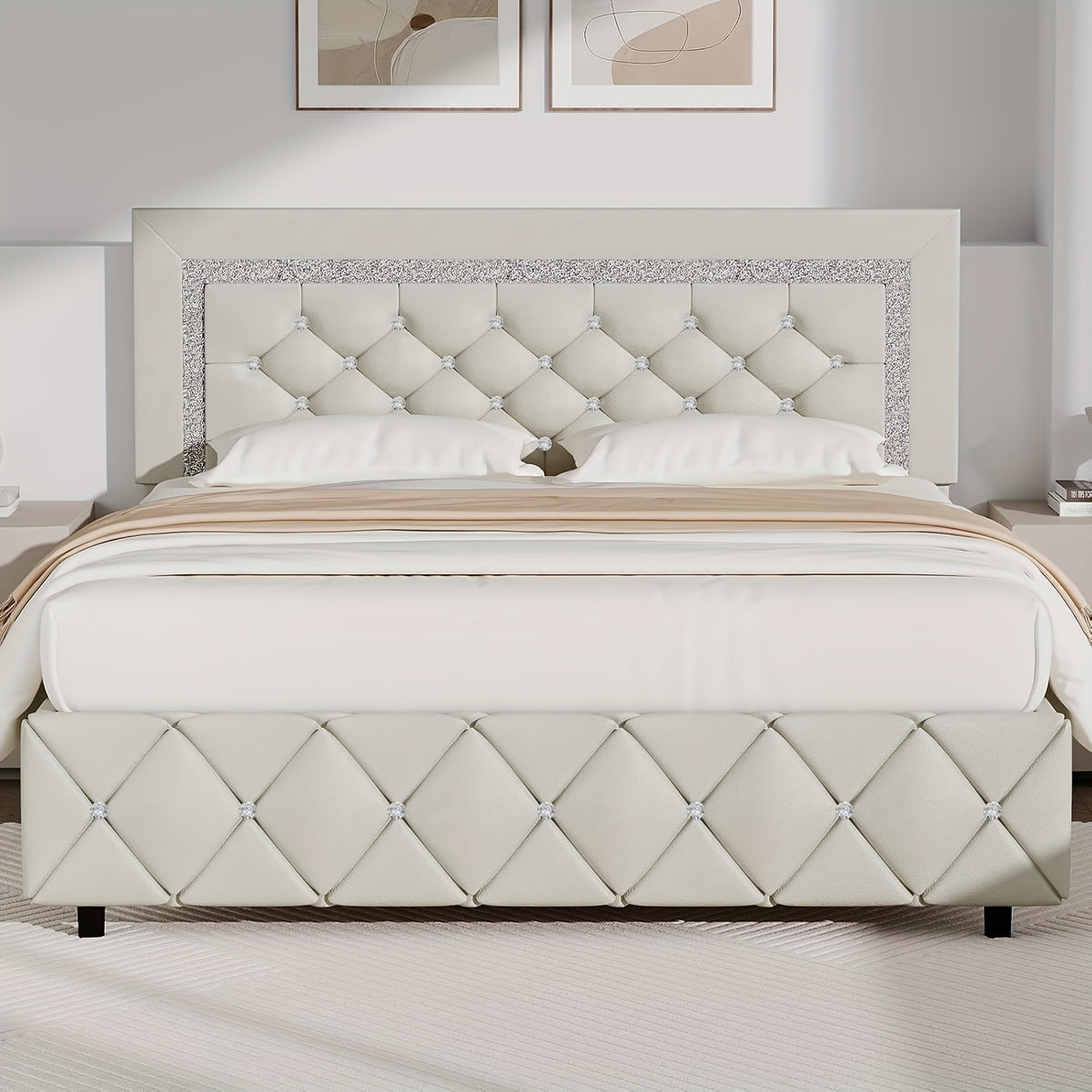 Upholstered Bed Frame with Diamond Tufted Headboard & Footboard – Faux Leather, Wooden Slats, No Box Spring Needed | Twin Full Queen King