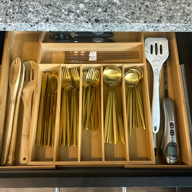 Bamboo Expandable Kitchen Drawer Organizer – 9-Compartment Adjustable Utensil Tray for Silverware, Forks, Spoons & Knives
