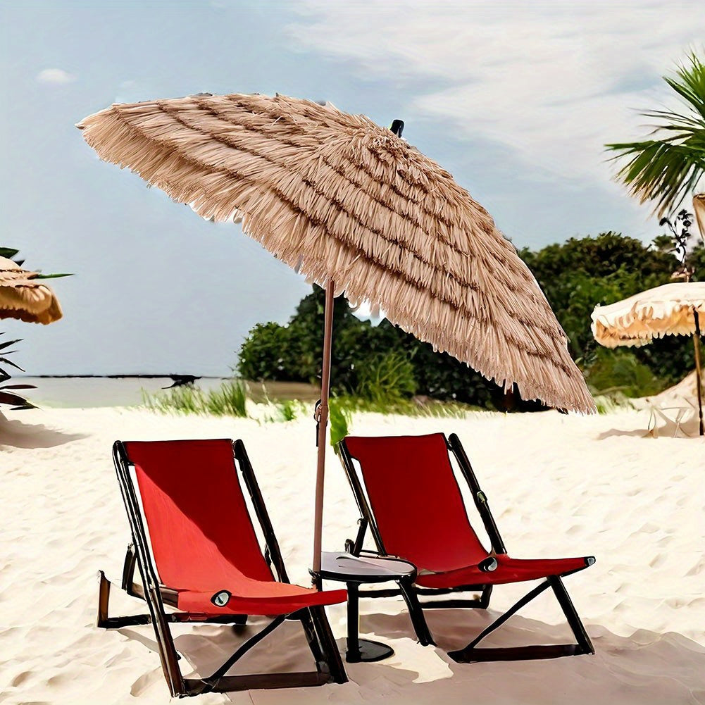 7.5 Foot Tropical Thatch Tiki Outdoor Patio Umbrella UV Protection Push Button Tilt Manual Lift Steel Pole Iron Frame Poolside Garden Backyard