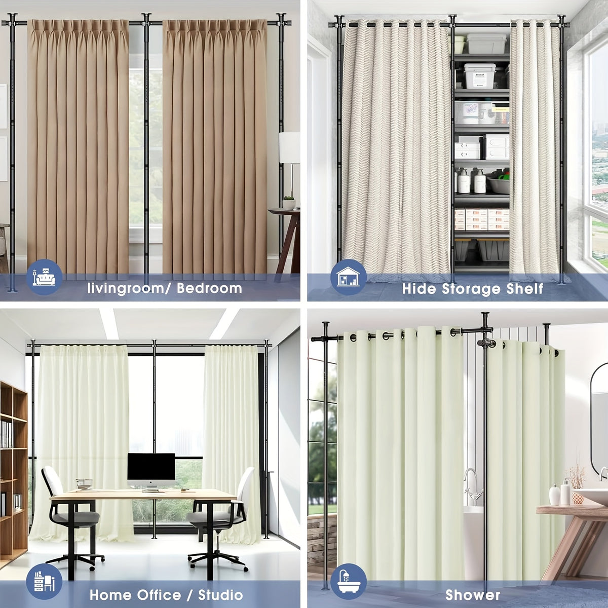 Room Divider Curtain No Drill Floor to Ceiling Tension Rod Adjustable Privacy Screen 4-10ft Height 29-146in Width Metal Frame Bedroom Office Renters Black