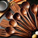 Wooden Kitchen Utensils Set 10 Piece - Non-Stick Safe Heat Resistant Cooking Tools with Spatula, Slotted Spoon & More, Stylish Wood Kitchen Gadgets for Cooking & Baking