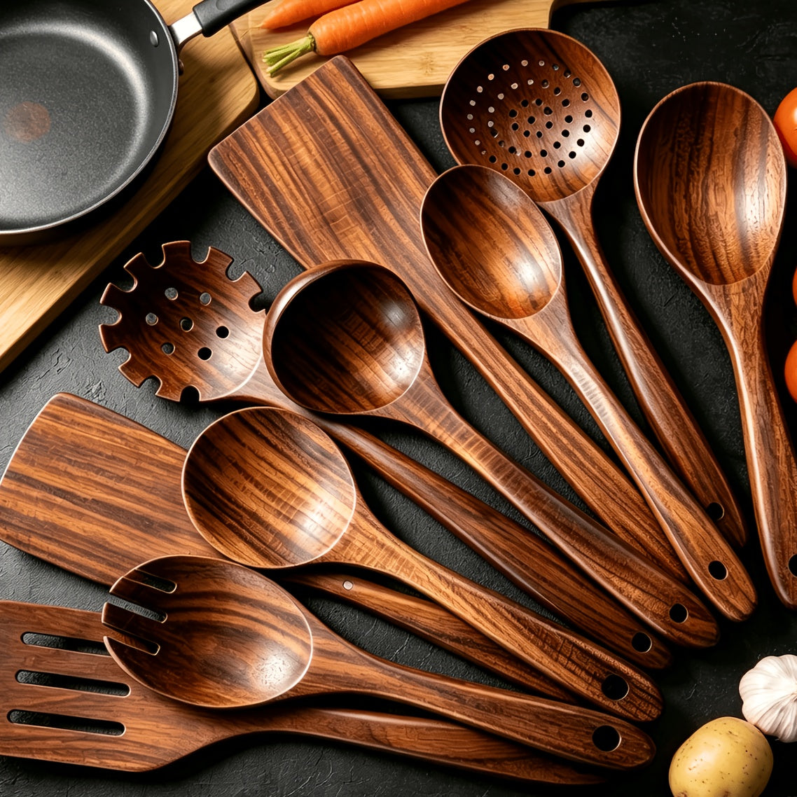 Wooden Kitchen Utensils Set 10 Piece - Non-Stick Safe Heat Resistant Cooking Tools with Spatula, Slotted Spoon & More, Stylish Wood Kitchen Gadgets for Cooking & Baking
