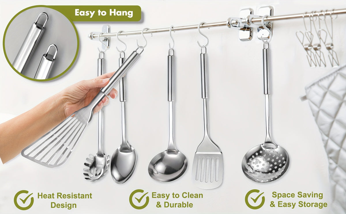 Stainless Steel Kitchen Utensils Set 12-Piece with Holder - Heat Resistant Cooking Utensils Set with Spatula, Ladle, Tongs, Whisk, Skimmer & More, Dishwasher Safe Metal Kitchen Tool Set