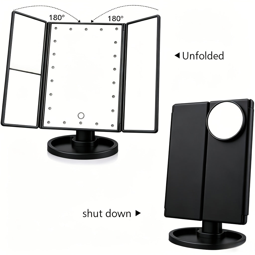 LED Vanity Makeup Mirror Tri-Fold Touch Screen, 1X 2X 3X 10X Magnification, Adjustable Base, USB Powered Lighted Mirror for Desk & Travel – White, Black & Rose Gold