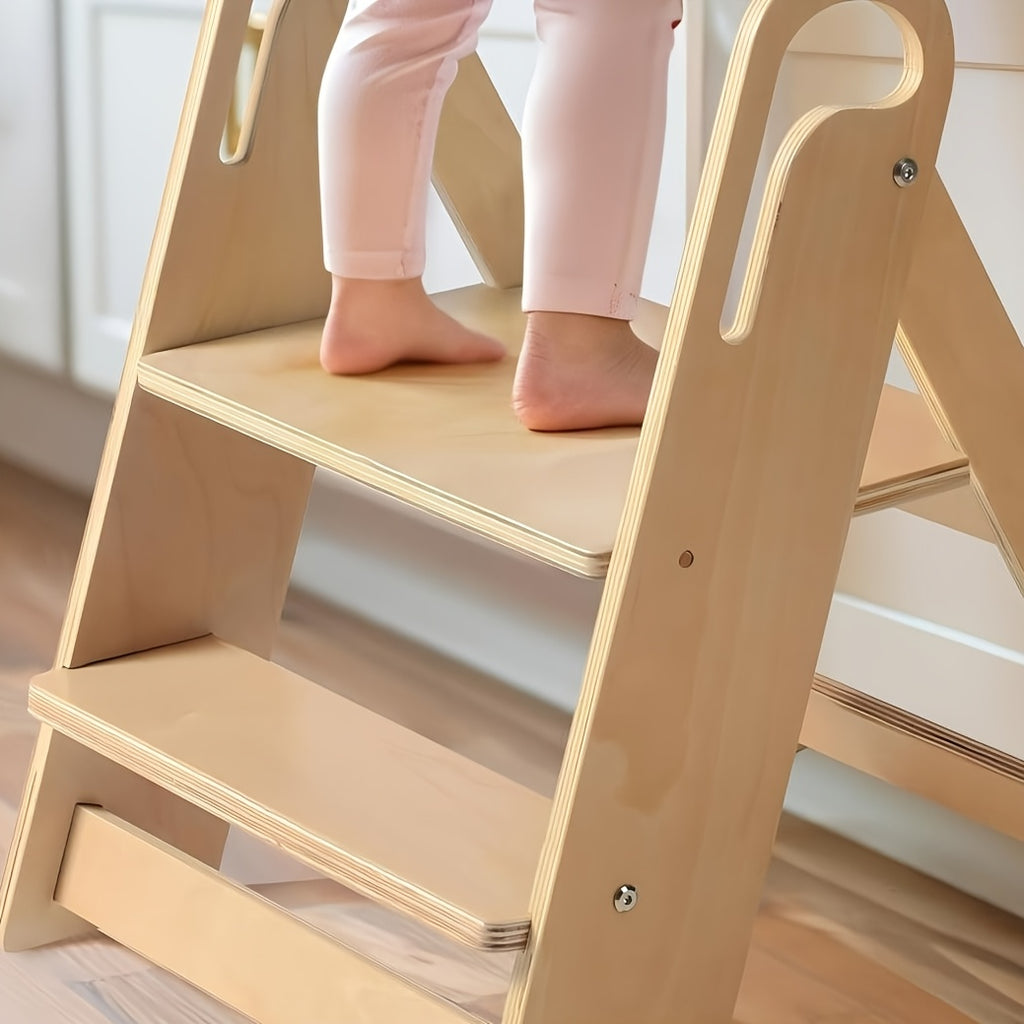 Kids Step Stool Foldable Anti-Slip Double Tier with Handle – Natural Wood Finish Children's Step Stool for Bathroom, Kitchen, Bedroom & Countertops