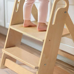 Kids Step Stool Foldable Anti-Slip Double Tier with Handle – Natural Wood Finish Children's Step Stool for Bathroom, Kitchen, Bedroom & Countertops
