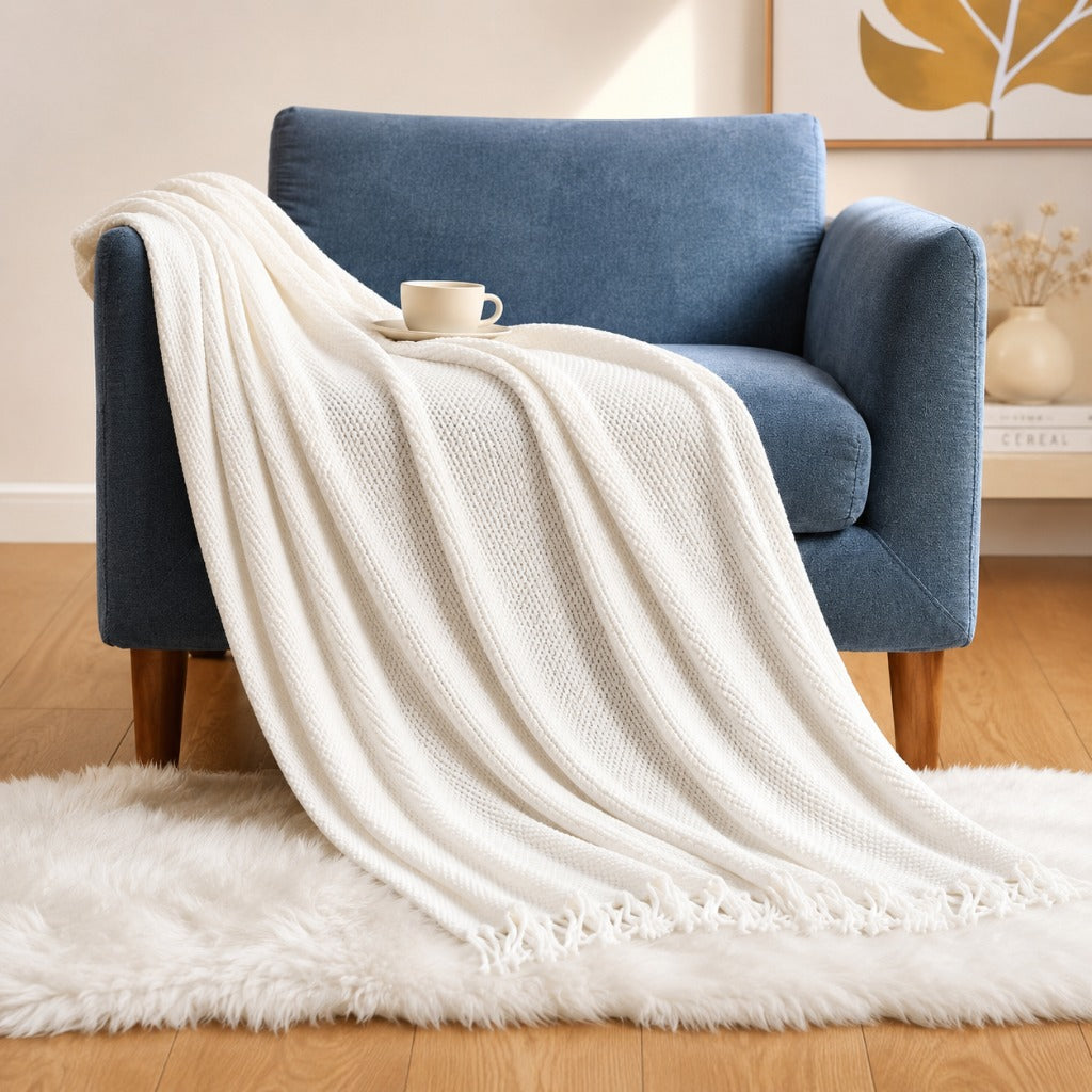 Acrylic Tassel Popcorn Texture Throw Blanket Soft Cozy for Sofa Bed Gift 8 Colors