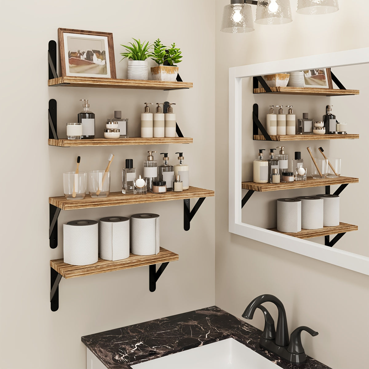 Floating Wall Shelves 4-Pack Wall Mounted Display Shelf for Bedroom Living Room Bathroom Plants Home Decor Storage Wood Color Walnut Black White Light Gray