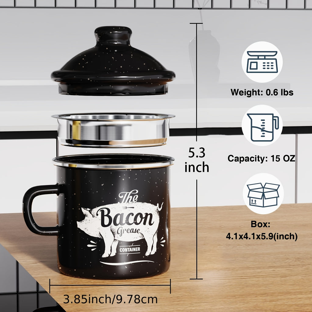 Stainless Steel Grease Container with Strainer and Spoon 15oz Cooking Oil Storage Jar Kitchen Essential Christmas Gift