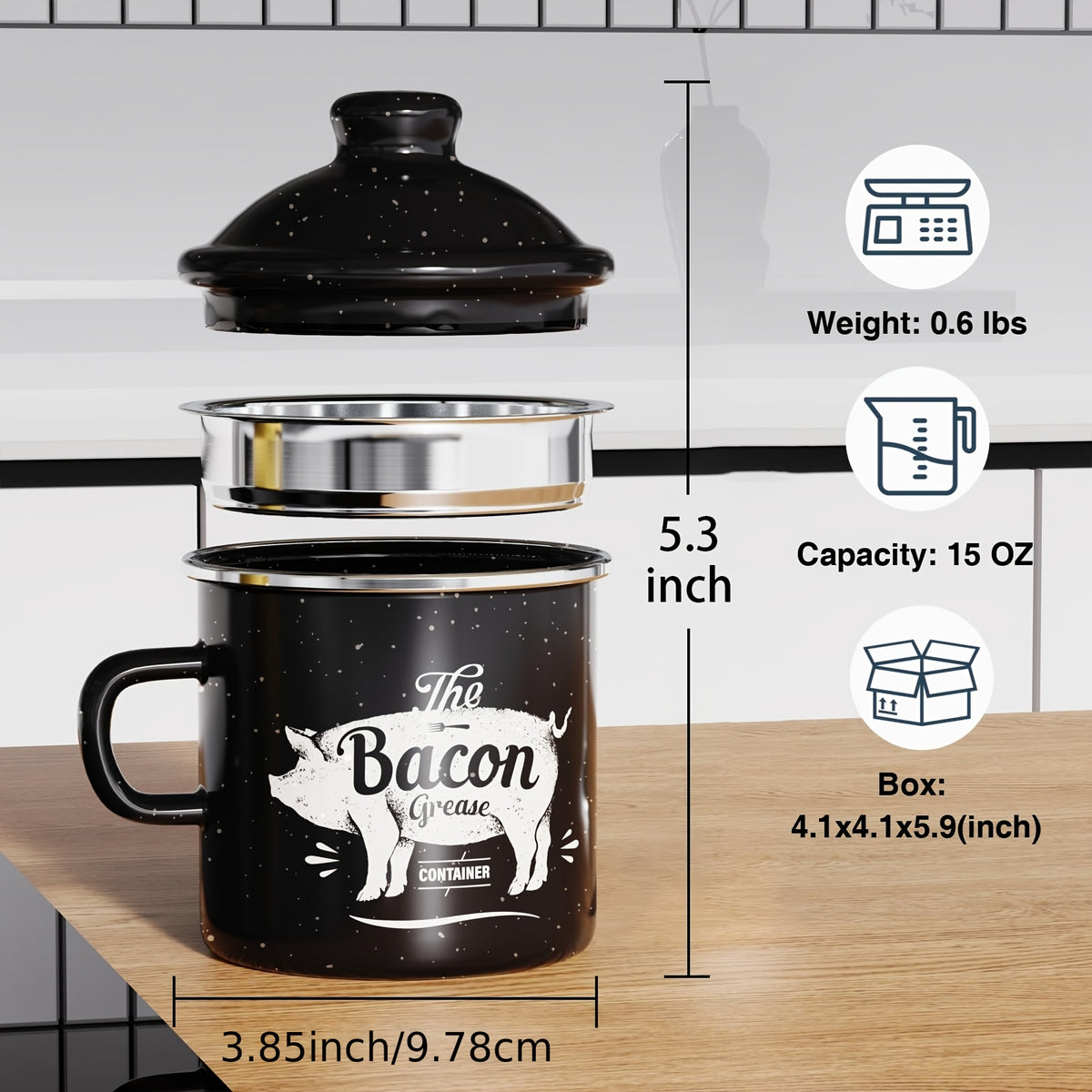 Stainless Steel Grease Container with Strainer and Spoon 15oz Cooking Oil Storage Jar Kitchen Essential Christmas Gift