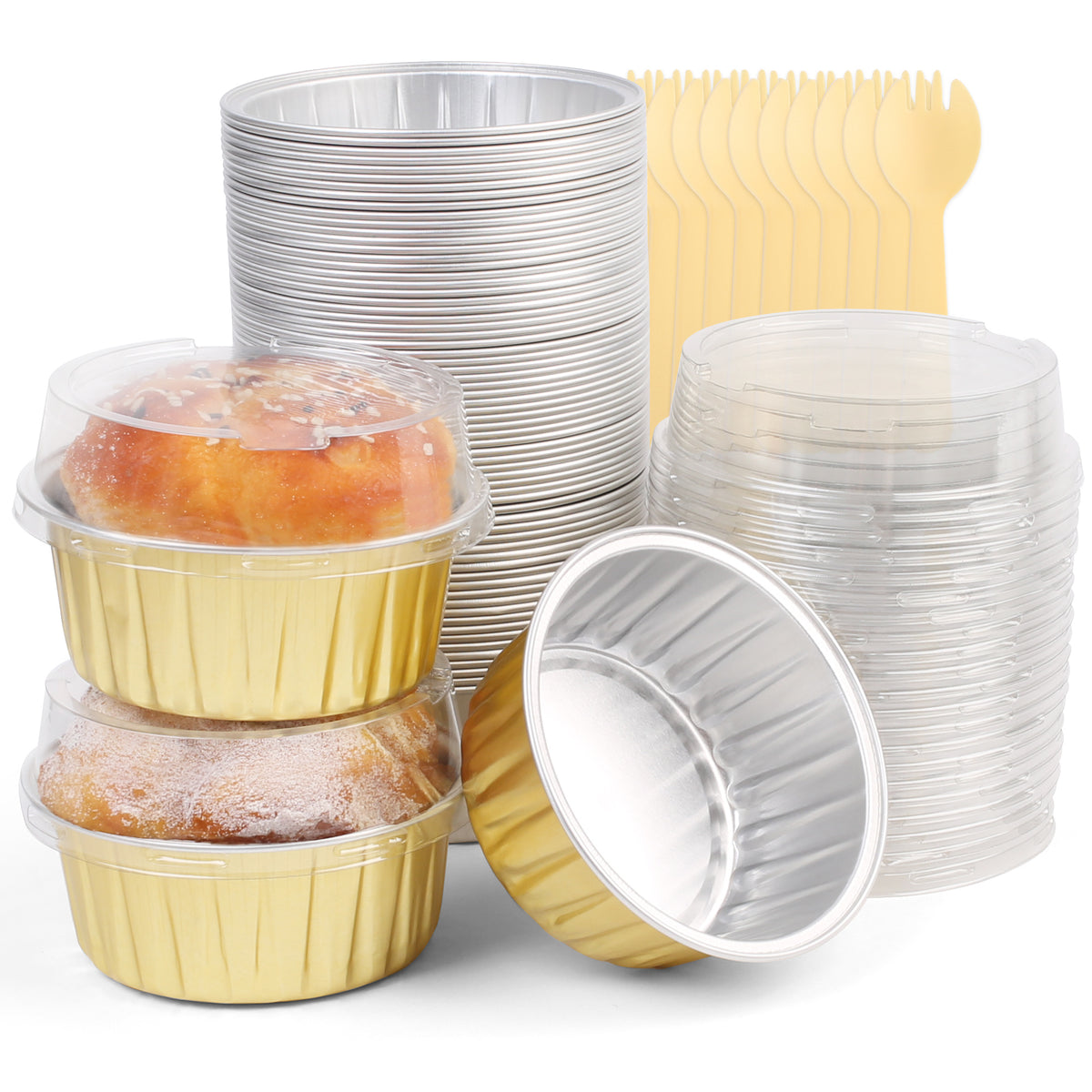 Aluminum Foil Cupcake Liners with Lids & Spoons - 50 Pack, 5oz Disposable Muffin Cups for Oven, Microwave & Air Fryer, Party Baking Cups for Christmas, Weddings & Birthdays, Pink & Grey