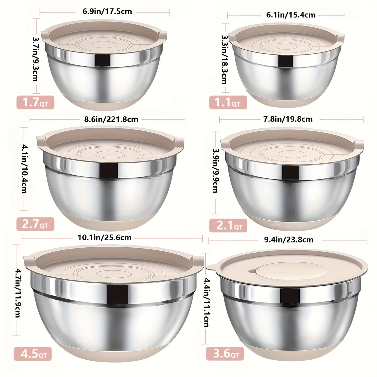 Stainless Steel Mixing Bowl Set - 304 Food-Safe Bowls for Cooking Baking and Food Prep - Versatile Kitchen Mixing Bowls for Salad Fruit Noodles and Baking Ingredients