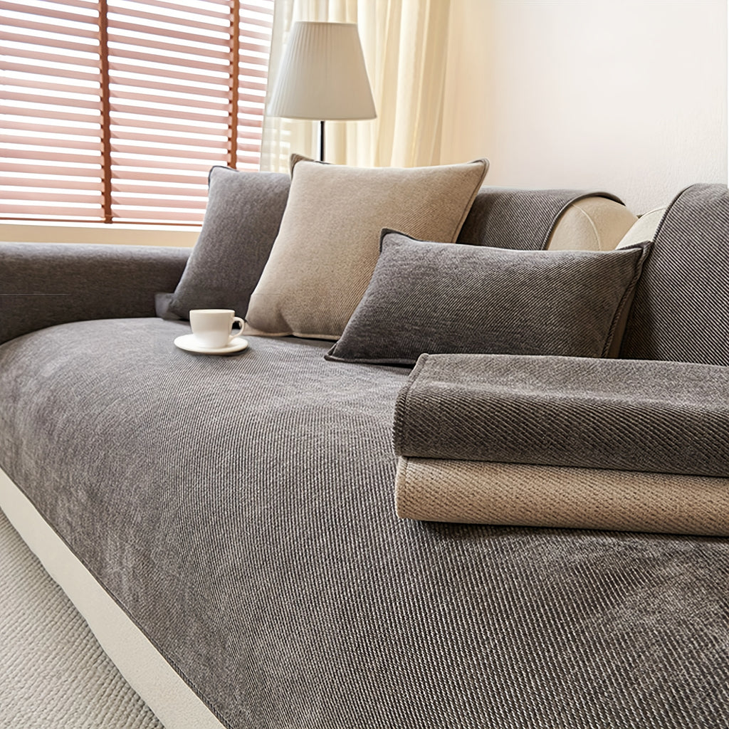 Chenille Sofa Cover for 3 4 Seater Washable Non-Slip Couch Cover Pet Friendly Furniture Protector Gray Brown Living Room