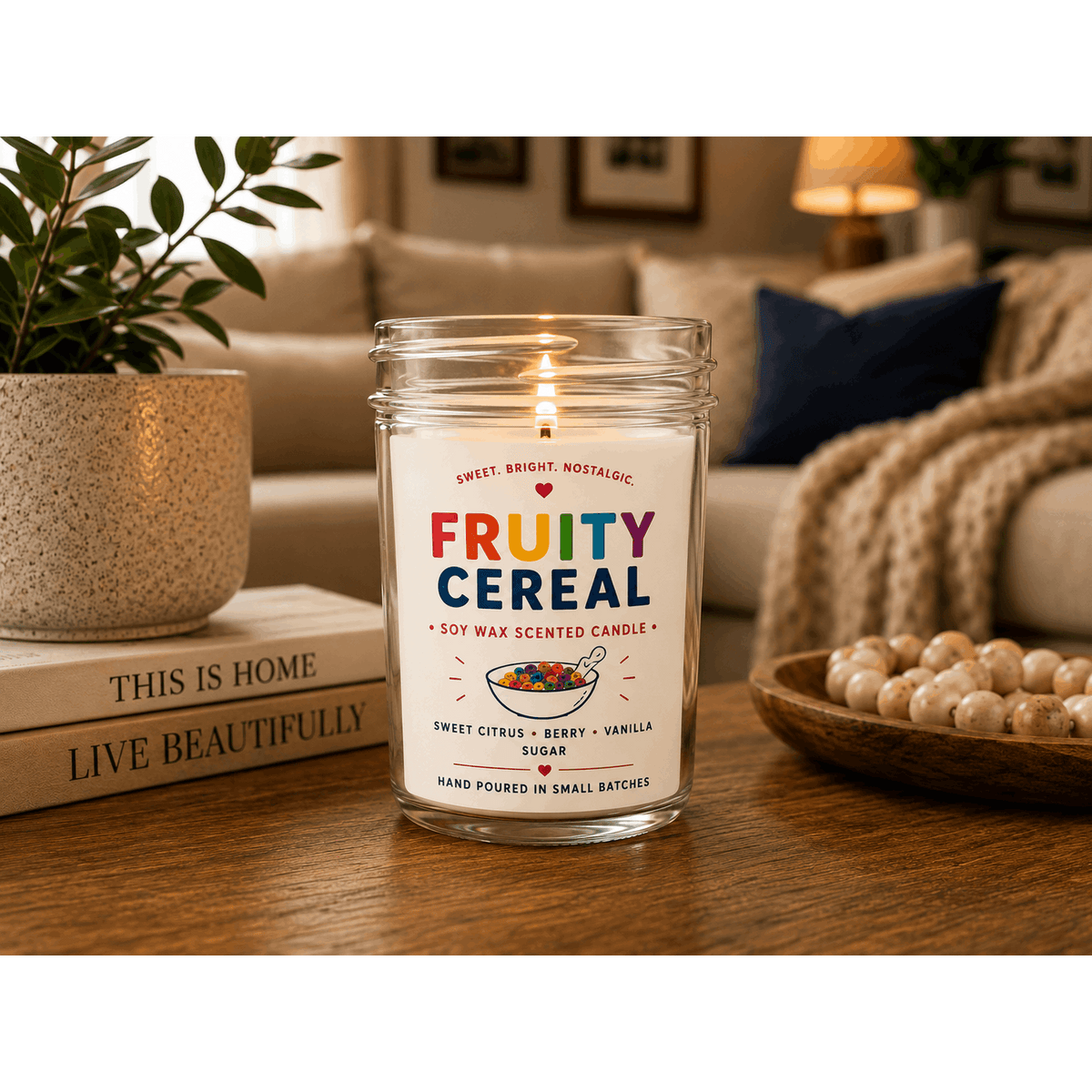 Fruity Cereal Scented Soy Wax Candle 6 oz – Nostalgic Lemon Citrus Sugar Fragrance, 30-40 Hour Burn, Vegan & Phthalate-Free, Perfect Gift for Home Decor & Aromatherapy Lovers