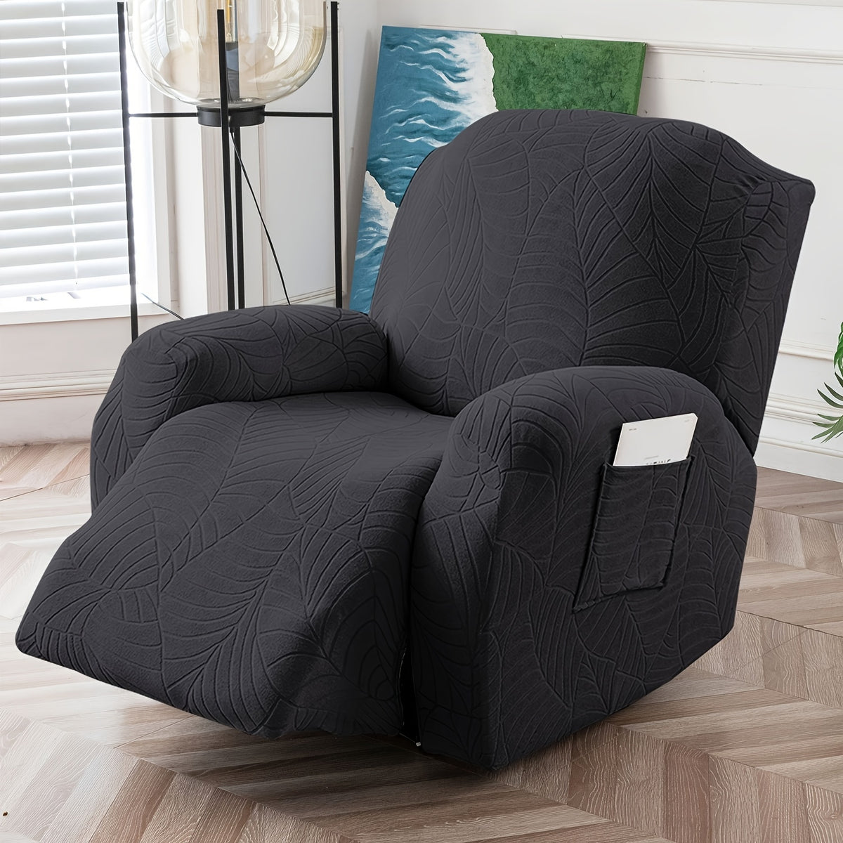 Jacquard Stretch Recliner Sofa Cover – Big Leaves Pattern, 1/2/3 Seater & Loveseat with Console, Winter Insulation Soft Washable, 6 Colors