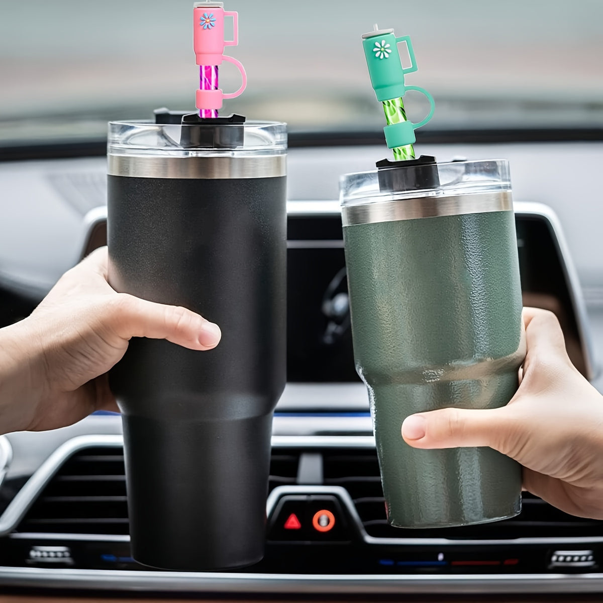 Reusable Spiral Straws Set of 6 with Caps and Cleaning Brush - Food Safe TPU Straws Compatible with 40oz 30oz 20oz Tumblers and Half Gallon Jugs - Eco-Friendly Drinking Straws