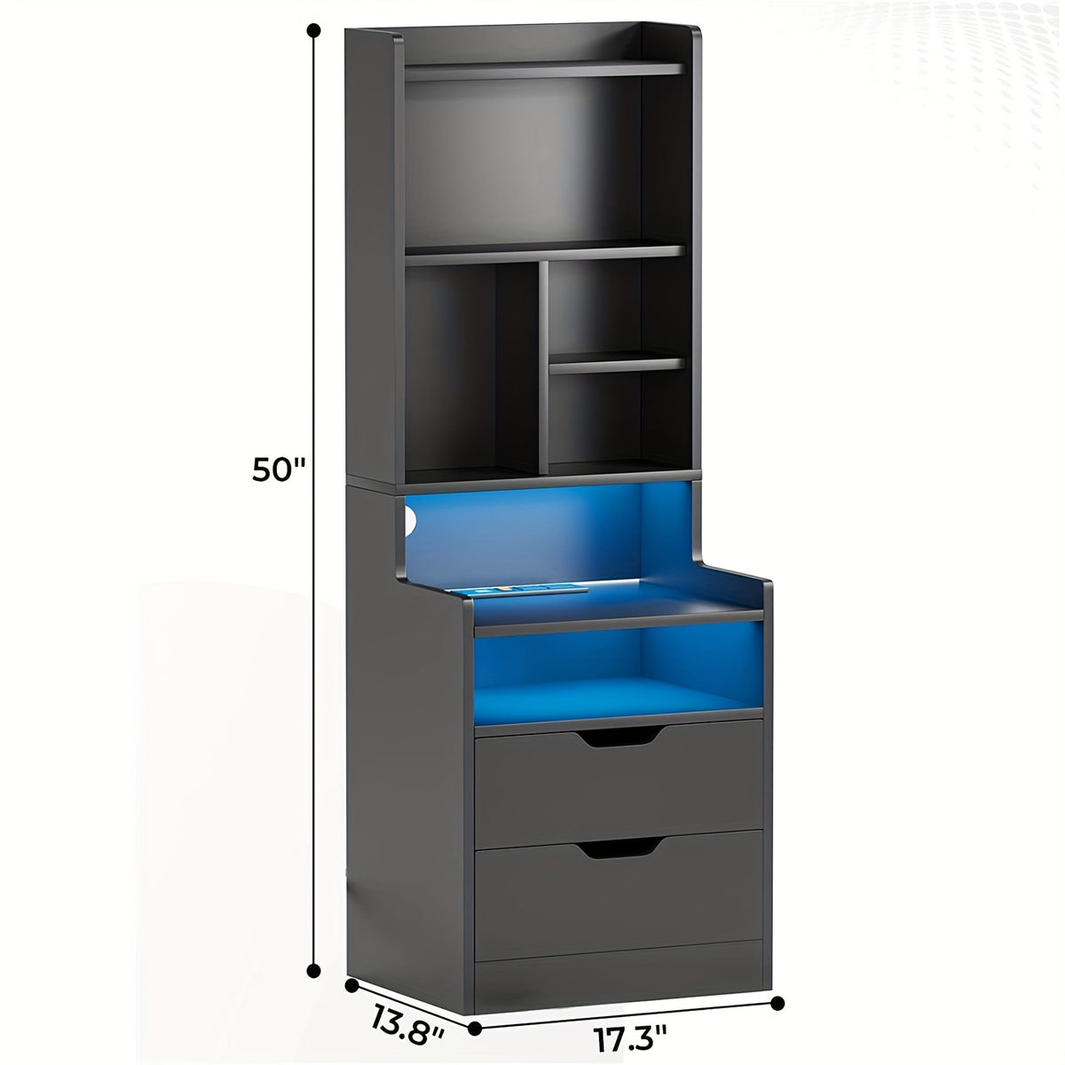 Tall Nightstand with LED Lights & Charging Station | 2 Drawers, Bookshelf & Storage Shelves, 50" Bedside End Table – Gray & Black