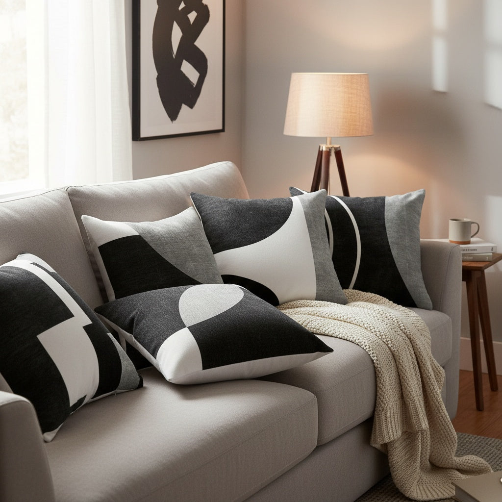 Geometric Pillow Covers 4 Pack 18x18 Black White Mid-Century Modern Abstract Decorative Cushion Covers Zipper Machine Washable for Sofa Bedroom Living Room
