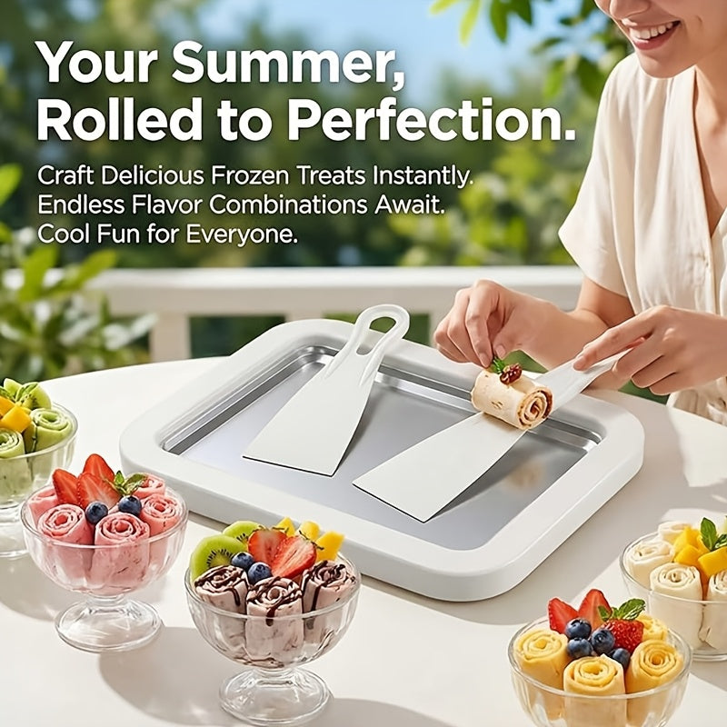 Portable Mini Ice Cream Roll Machine – Quick-Freeze Plate & Stainless Roll Maker for Homemade Frozen Yogurt & Ice Cream | Parties, Picnics & Home Use | Pink & White