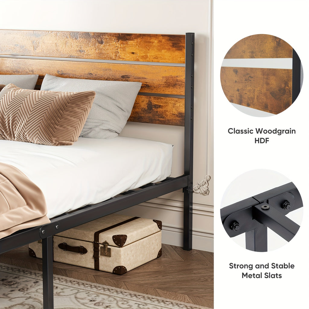 Iron Bed Frame with Wooden Plank Headboard Twin Full Queen Size Metal Platform Bed Heavy Duty Steel Slats Easy Assembly Bedroom