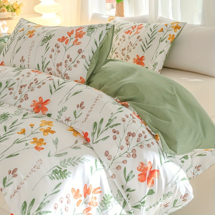 Floral Duvet Cover Set 3-Piece Soft Breathable Polyester – Flowers & Plants Print Comforter Cover with Zip Closure, Twin Full Queen King Bedding Set No Insert