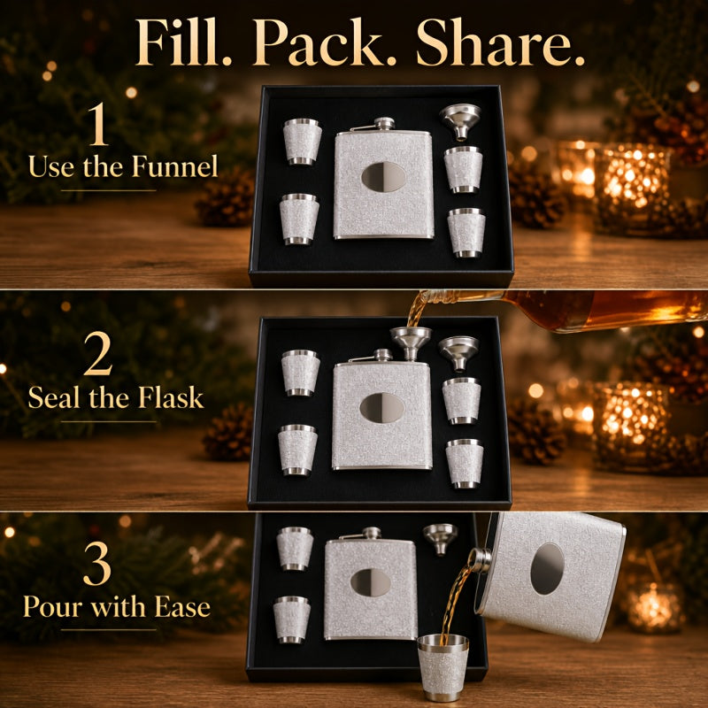 Whiskey Bottle Gift Set with Leather Case for Women – 6oz Stainless Steel Flask, 4 Glasses & Filter, Holiday Christmas Valentine's Day Gift for Girlfriend, Mom & Bar Lovers