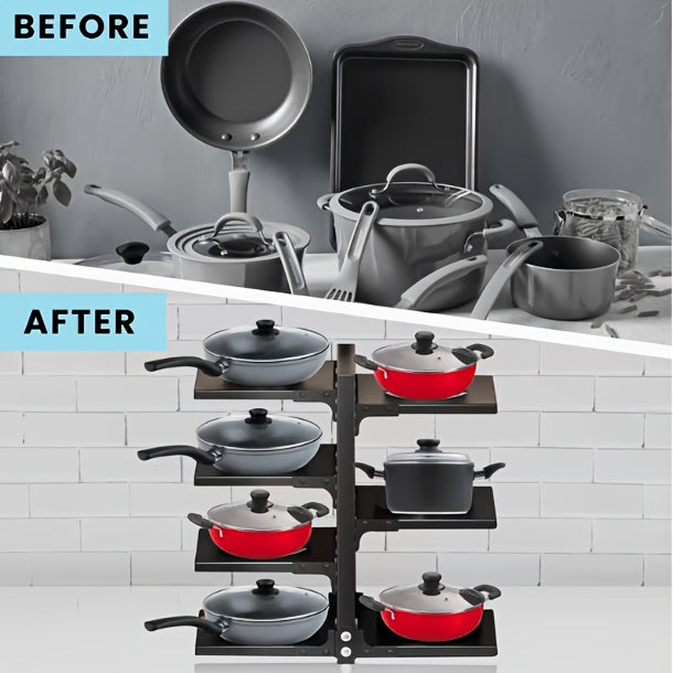 Kitchen Pot Rack Organizer – Multilayer Adjustable Metal Pan Holder, Cutting Board Storage, Detachable Shelves, Space-Saving Countertop Rack for Pots, Pans & Lids