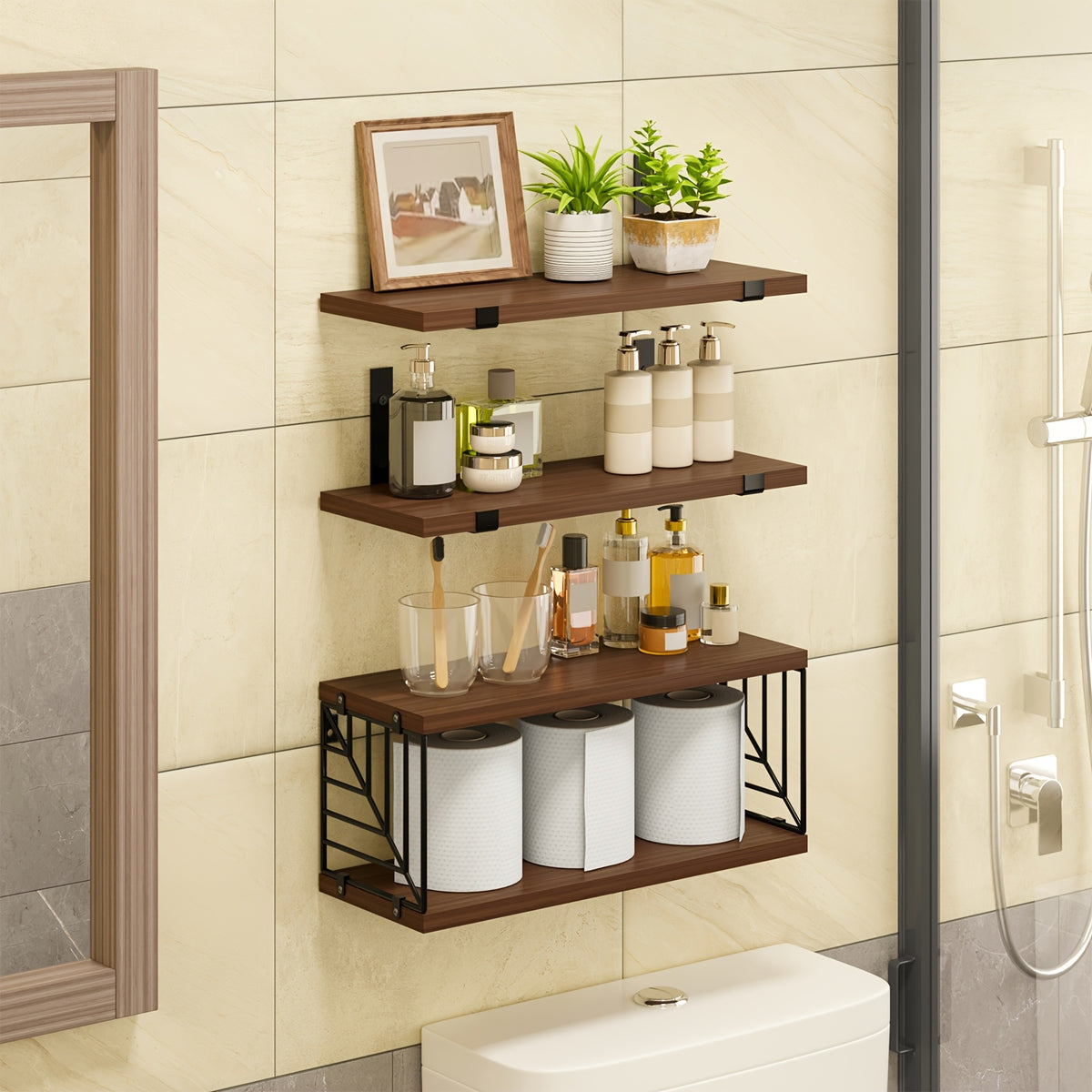 Vintage Wooden Floating Shelves Set of 3 with Guardrail – Wall Mounted Display & Storage Rack for Bedroom, Living Room, Bathroom & Kitchen – Rustic Wood Wall Shelf Multi-Functional Decor