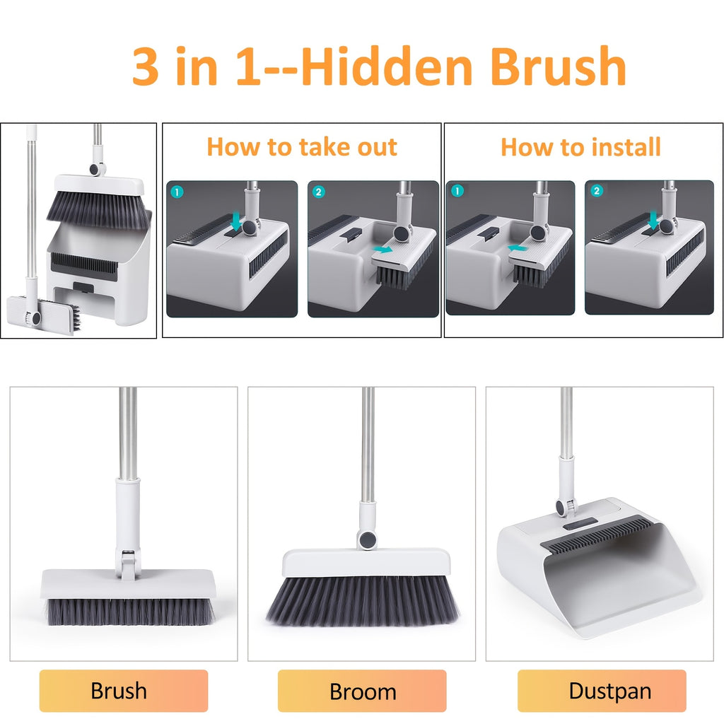 Broom and Dustpan Set 3-in-1 4-in-1 Long Handle Non-Stick Hair Foldable Rotatable Floor Sweeper for Home Office Outdoor Hardwood Tile Indoor Cleaning