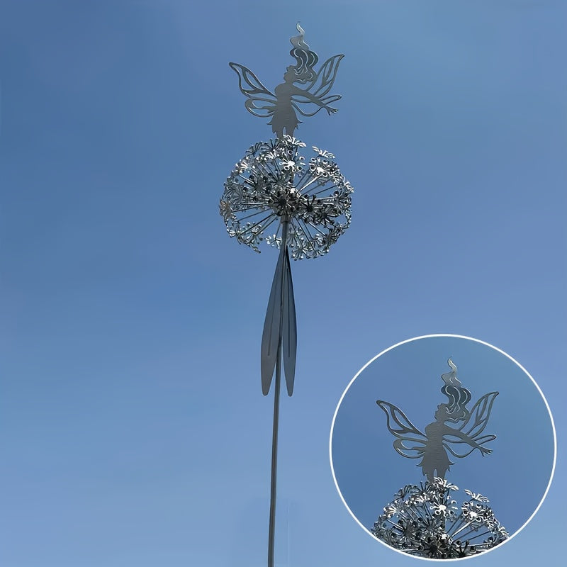 Stainless Steel Dancing Flower Fairy & Dandelion Garden Sculpture, Weather-Resistant Metal Outdoor Art Decor for Patio, Courtyard & Lawn, No Electricity Needed, Valentine's Day & Holiday Gift