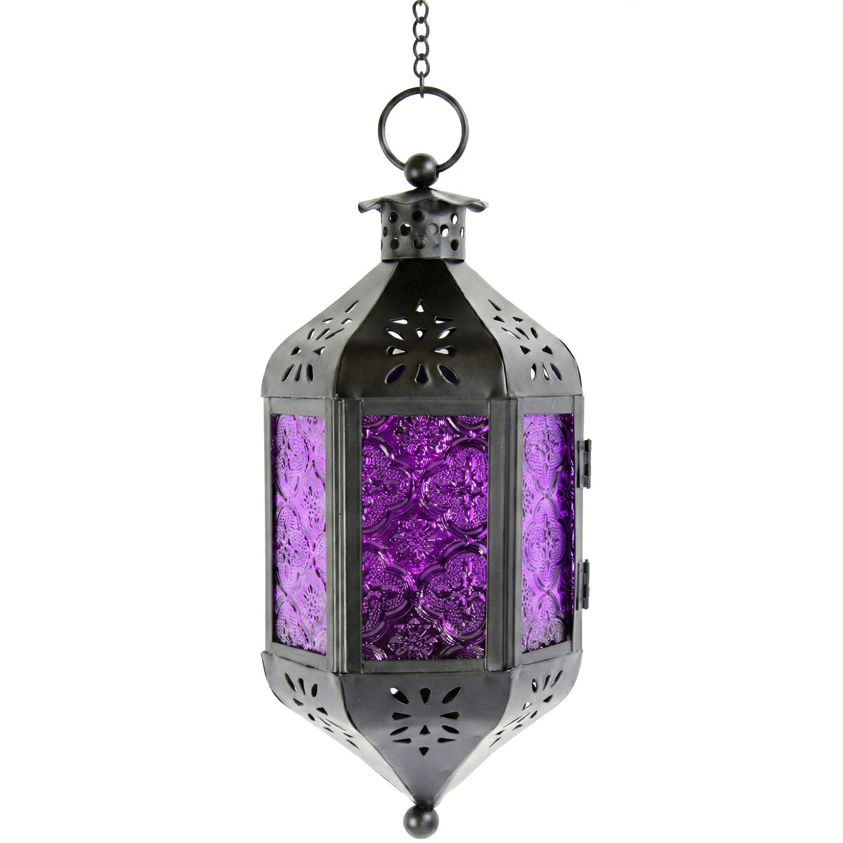 Moroccan Hanging Candle Lantern with Chain – Vintage Boho Style Iron & Glass Tealight Holder for Home, Patio, Garden, Wedding & Ramadan Decor (23.5" Overall)