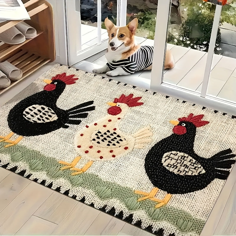 Welcome Door Mat - Embroidered Rooster Design Non-Woven Indoor Outdoor Floor Mat for Entrance Bathroom Kitchen Porch and Study