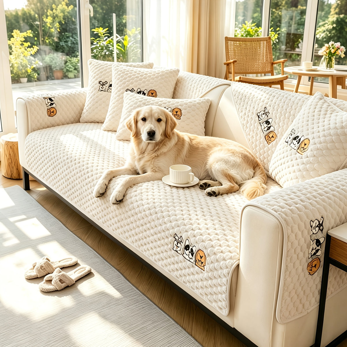 Honeycomb Velvet Sofa Slipcover Pet-Friendly Non-Slip with Cute Dog Embroidery, Bohemian Style Machine Washable Polyester Couch Cover for Sofa Cushion Backrest Armrest – Single Piece Home Decor, Grey