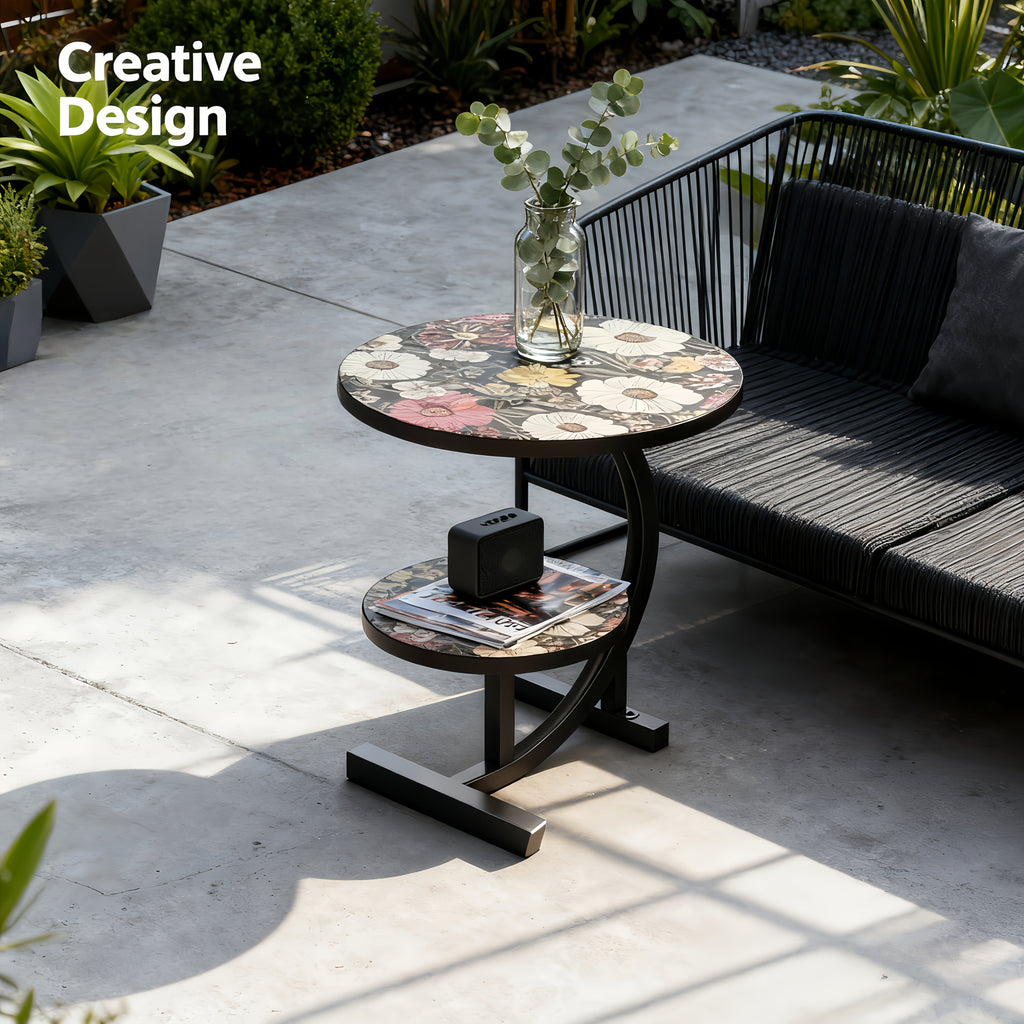2-Tier Metal Outdoor Side Table, Floral Round Balcony & Patio Table, Sturdy Compact Design, Easy Assembly, for Patio, Courtyard, Balcony & Garden — Multiple Styles