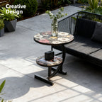 2-Tier Metal Outdoor Side Table, Floral Round Balcony & Patio Table, Sturdy Compact Design, Easy Assembly, for Patio, Courtyard, Balcony & Garden — Multiple Styles