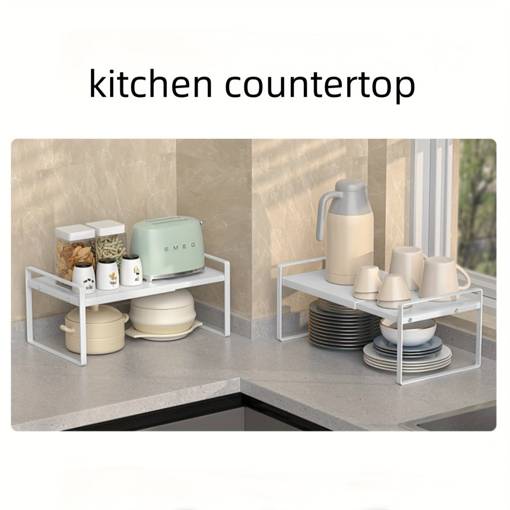 Expandable Cabinet Shelf Organizer Riser – Adjustable Height Kitchen Storage Rack for Pantry, Cupboard, Under Sink & Countertop | Heavy Duty Metal | Space Saver Stackable Shelf | Black & White