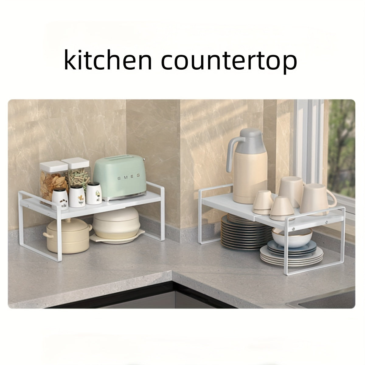 Expandable Cabinet Shelf Organizer Riser – Adjustable Height Kitchen Storage Rack for Pantry, Cupboard, Under Sink & Countertop | Heavy Duty Metal | Space Saver Stackable Shelf | Black & White