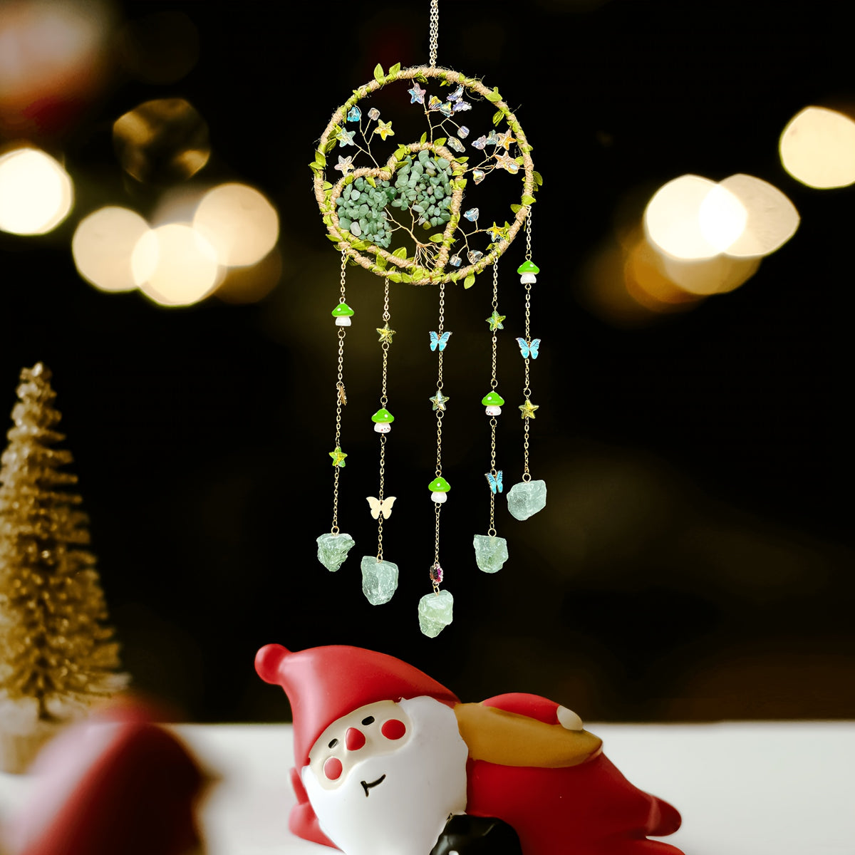 Bohemian Crystal Wall Hanging Decoration – Handmade Stone Beads, Colorful Gemstones, Heart & Circular Crystal Pendant Wind Chime – Boho Wall Decor Gift for Christmas, Mother’s Day & Thanksgiving