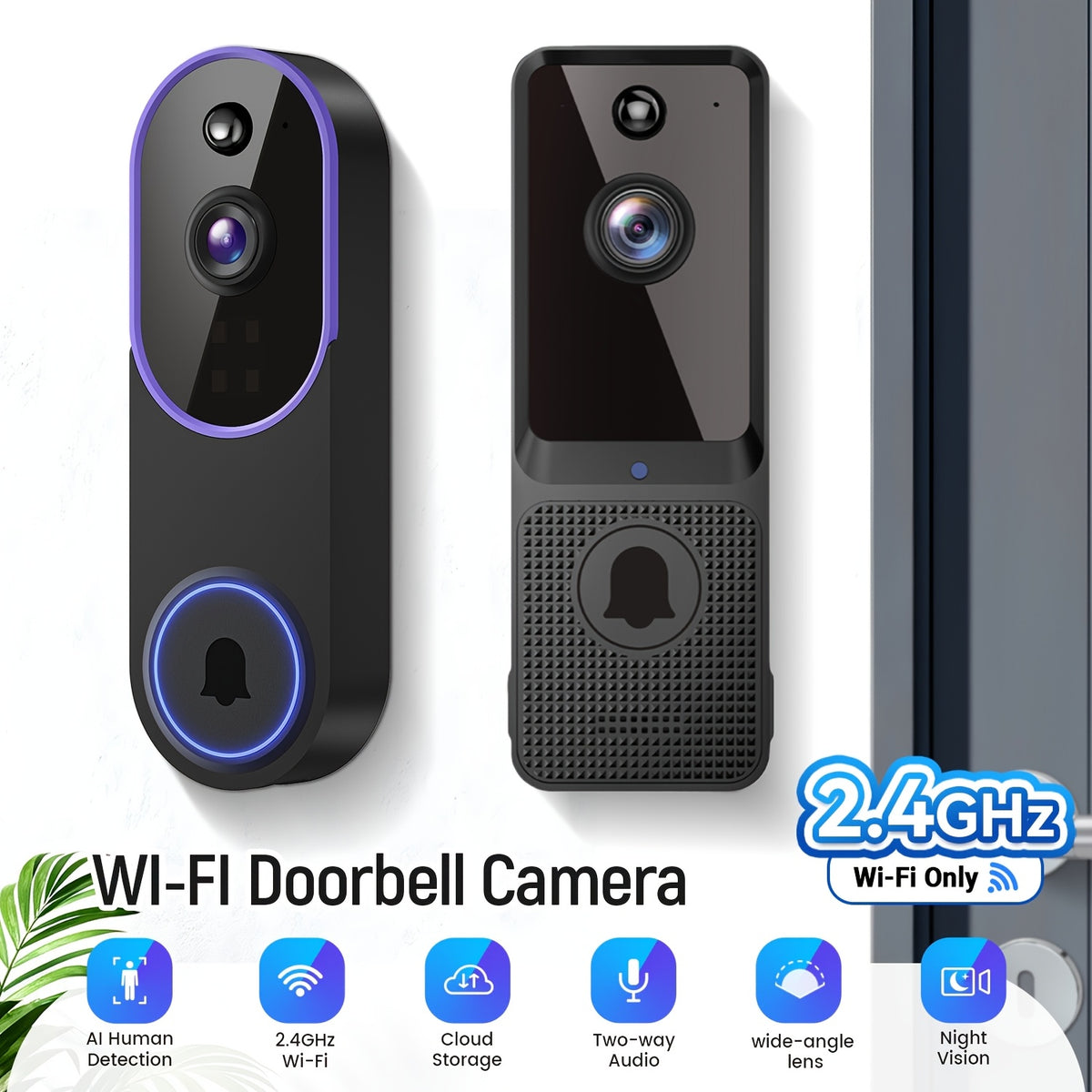 2K Smart Video Doorbell Camera – 166° Wide Angle, AI Human Detection, Two-Way Voice, Night Vision, Cloud Storage & 2.4G WiFi Wireless Doorbell for Home Security