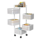 5-Tier Rotating Kitchen Storage Basket on Wheels Metal Fruit Vegetable Rack Rolling Floor Standing Trolley for Kitchen Bathroom Square Black White