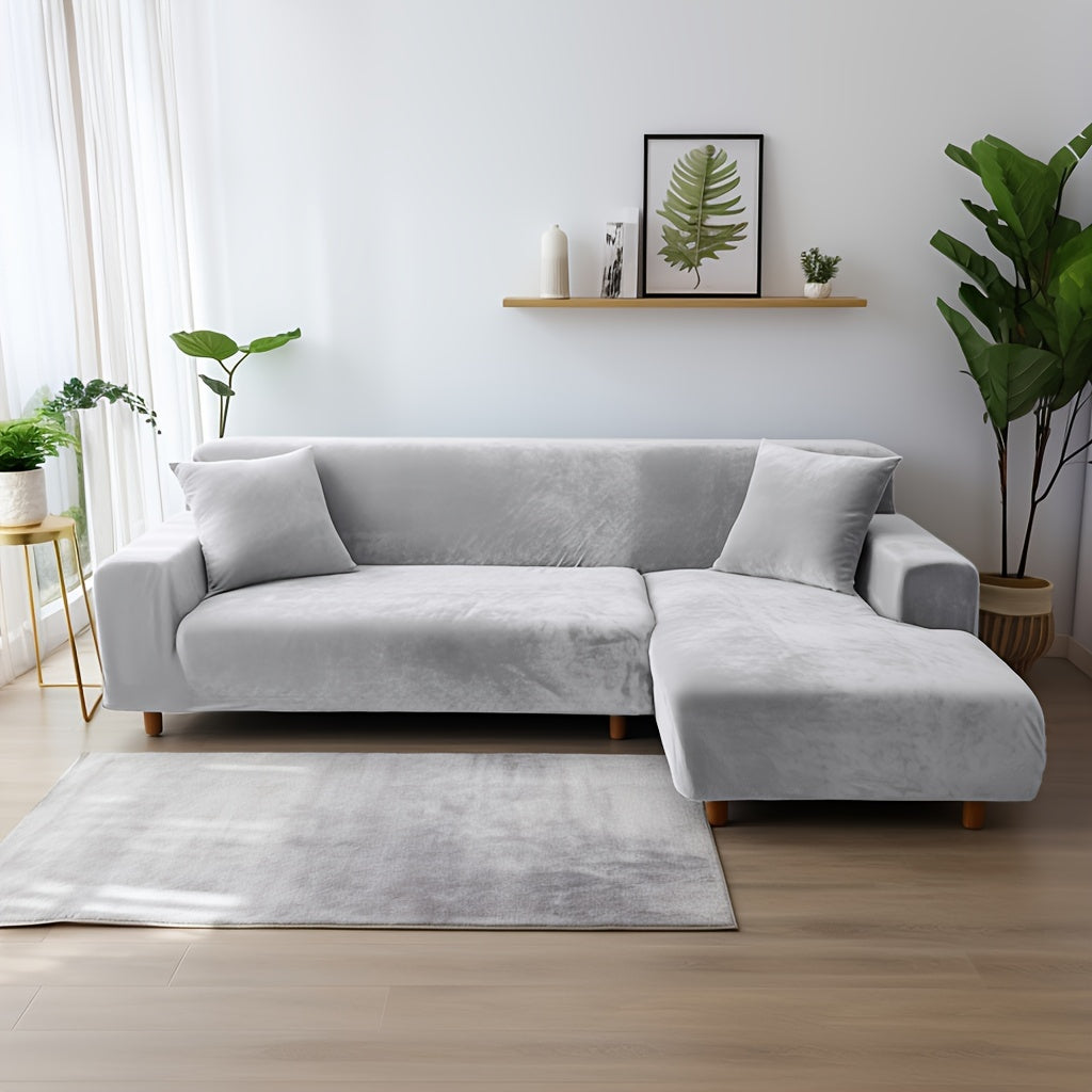 Velvet Stretch Sofa Cover Slipcover – Thick High-Elasticity Plush Couch Cover for L-Shape 1 2 3 4 Seater, Polyester Spandex Furniture Protector with Pillowcase for Living Room